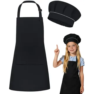 DiULi Kochschürze Kinder, Kinder Schürze und Kochmütze Set, Verstellbare Backschürze mit Taschen für Jungen Mädchen, Kinderschürzen für Kochen Backen Malen Basteln Party, Schwarz-S