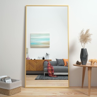 CASSILANDO 165x60cm Standspiegel, Boden großer Spiegel, stehender Spiegel, gegen Wand für Schlafzimmer, Verkleidung und an der Wand befestigter dünner Rahmen Spiegel, Gold