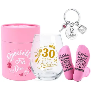 Aitsite 30. Geburtstag für Frauen – „30 & Fabulous“ Geschenkset mit Lustig Socken Weingläser & Schlüsselanhänger, Personalisierte Geburtstagsgeschenk Geschenkideen für Mama Schwester Kollege 450ml