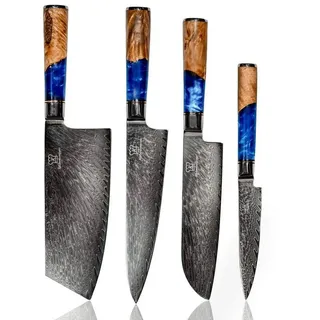 Küchenkompane Messer-Set Damaskus Messerset 67 Lagen Damaststahl und japanischer VG10 Stahlkern (3-tlg) blau|grau