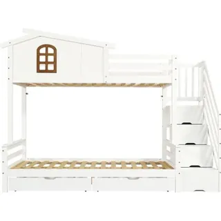 Etagenbett 90x200cm ohne Matratze Weiss Naturbelassen 120x200cm Kinderbett 2 Schubladen Rollen schoene Fenster Eck-Leiterschrank stabile Sperrholz - Weiß