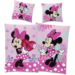 Minnie Mouse Bettwäsche-Set Wendemotiv Herz Pink 135 x 200 cm + 80 x 80 cm - 100% Baumwolle in Linon-Qualität mit YKK-Reißverschluss Renforcé Minnie Maus Disney Mickey Sweet Love Deutsche Größe