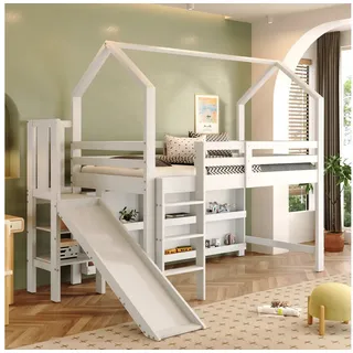 Flieks Hochbett Kinderbett 90x200cm mit Rutsche, Leiter und beweglichem Schrank weiß