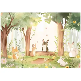 WallArena - Vlies Fototapete Kinderzimmer 350x250 cm Wald Landschaft - Fototapeten Tapeten für Kinder Mädchen & Jungen - Kindertapete - Kinderzimmertapete Tiere Hasen