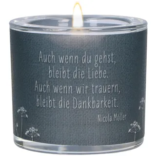 Butzon & Bercker Glaswindlicht zur Trauer Ø 6,5 cm – mundgeblasenes Windlicht mit farbig bedrucktem Pergamentumleger, Lieferung in grüner Geschenkverpackung mit weißem Teelicht: LichtMoment