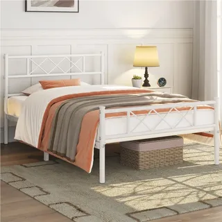 Yaheetech Metallbett Bettgestell mit Kreuzdesign Kopfteil, 90 x 200 cm Bettrahmen, Weiß - Weiß