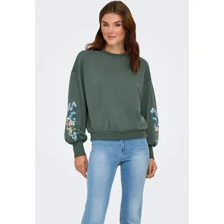 Sweatshirt ONLY "ONLBROOKE L/S O-NECK FLOWER SWT", Damen, Gr. S, grün (balsam grün print:sleeve multi flowers), Sweatware, Obermaterial: 60% Baumwolle, 40% Polyester, geblümt, regular fit normal, Rundhals, Rippbündchen, Sweatshirts Sweatshirt, Baumwollmischung, regular fit