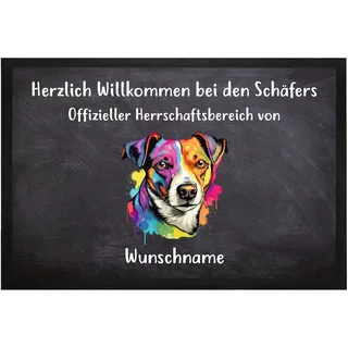 Personalisierte Fußmatte für Hundebesitzer „Offizieller Herrschaftsbereich“ mit Hundemotiv (100 Hunderassen wählbar), eigenem Willkommen-Spruch und Wunschnamen (Jack Russel Terrier)