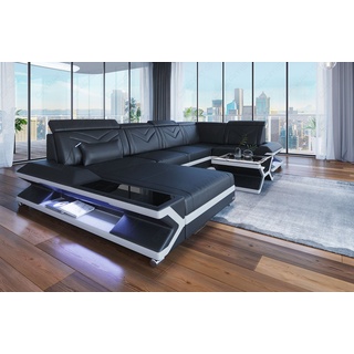 Sofa Dreams Wohnlandschaft Ledersofa Ledercouch Napoli U Form Leder Sofa, Couch, Ottomane, USB, LED-Beleuchtung, Optionaler Schlaffunktion schwarz
