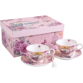 London Boutique Set mit 2 Kaffeetassen und Untertassen aus Porzellan im Vintage-Stil, Retro-Rosen-Design, Geschenkbox (Vintage Summer)