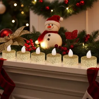 6x LED-Teelichter (Gold-Glitzer, 3,8x4cm): Flackernd, warmweiss - für Deko, Hochzeit, Weihnachten - Stimmungsvoll + sicher