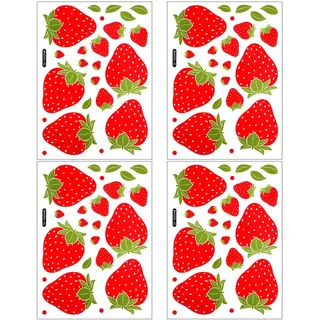 4 Bögen Wandtattoo Obst Erdbeer, Wasserdichte Erdbeer-Wandaufkleber Abnehmbare Obst-Wandaufkleber für Schlafzimmer Küche Esszimmer (Insgesamt 92 Stück)