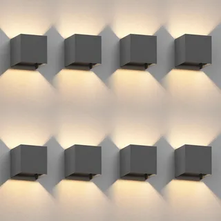 ledscom.de 8x Wandleuchte CUBEL für außen, anthrazit, IP65, Up & Downlight, quadratisch + LED Lampe 501lm, warmweiß