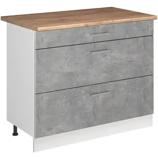 Vicco Küchenunterschrank R-Line, Beton/Weiß 100 cm | 3 Schubladen · Arbeitsplatte Eiche · Höhenverst. Füße · ✓ Leichter Zugriff · ✓ Frei kombinierbar