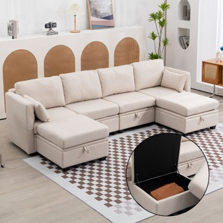 Soft Sektional U-förmigen Sofa mit Lagerung, lässig Spleißen kann Doppelbett Sofa verwenden, Armlehnen faltbar Leinengewebe, für Wohnzimmer, Weiß