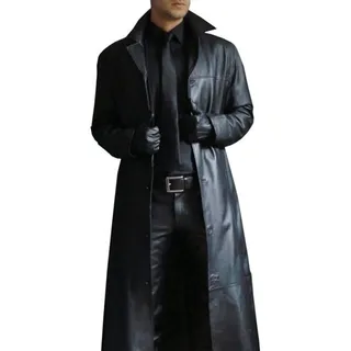 Suncolour Herren Schwarze Lederjacken Leder Langer Mantel Herren Classic Biker Faux Slim Fit Moto Long Coat - M