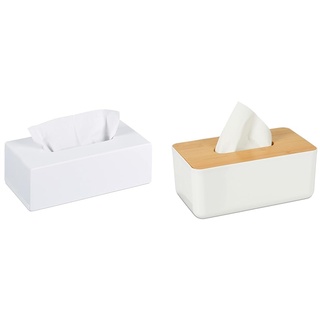 Relaxdays Tücherbox Bambus, Taschentuchbox mit Schiebeboden & Tücherbox mit Deckel aus Bambus, fürs Bad, modernes Design, Kunststoff, H x B x T: 10 x 23 x 13 cm, weiß/Natur