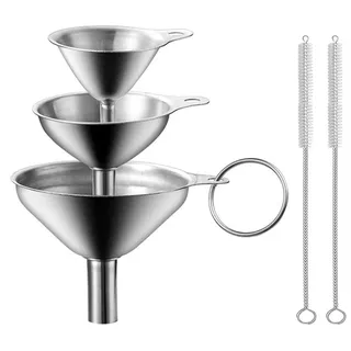 TRANKIELO® – Set mit 3 Trichter aus Edelstahl, inklusive 2 Reinigungsbürsten – Mini-Trichter für Flüssigkeiten und Pulver