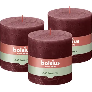 Bolsius Rustik Stumpenkerze XXL - Bordeauxrot - 3 Stück - 10 x 10 cm - Dekorative kerzen - Länge Brenndauer 62 Stunden - Unparfümierte - Enthält Natürliches Pflanzenwachs - Ohne Palmöl