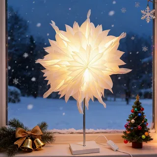 Lustaled Weihnachtsstern Beleuchtet Stehend, 3D Weihnachtsstern Schneeflocke Papierlampe Tischlampe zum Hinstellen mit 25W E14 LED für Weihnachtsdeko Fenster Innen, Weiß 50cm
