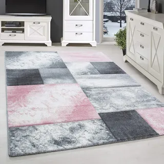 SIMPEX Teppich 160x230 cm Kurzflor Konturenschnitt in Pink Grau Weiß Kariertes Design, Waschbar, Pflegeleicht, Extra Weich Für Wohnzimmer, Esszimmer, Schlafzimmer