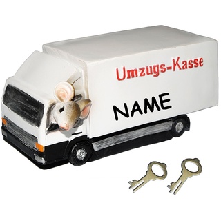 Spardose - Umzugs-Kasse - mit Schlüssel - incl. Name - stabile Sparbüchse aus Kunstharz - Hausbau Haus/Geld Sparschwein - Hochzeit - Eigenheim/Auto Um..