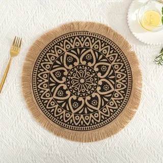 Rund Gewebte Platzset,Boho Tischsets,Jute Tischsets mit Mandala Quaste,Böhmen Farmhouse Retro Restaurant Tischdekoration Platzdeckchen Tischsets für Hochzeit Festival Party Küche Speisetisch,4er Set L