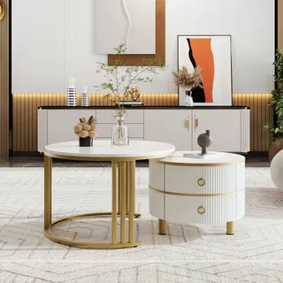 Merax Rund Couchtisch 2er Set, Moderne wohnzimmertisch mit Marmor Furnier, Hochglanz Satztisch mit Schubladen, für Wohnzimmer, Balkon und Büro, Weiß