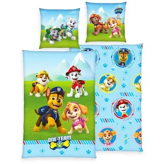 Herding Kinderbettwäsche 135x200cm Paw Patrol Hunde One Team Patrouille, Renforcé, 2 teilig, Everest und Skye Superhelden in den Bergen, mit Knopfleiste blau