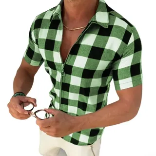 Herren Plaid Kurzarm Freizeithemd mit Revers Reißverschluss, Regular Fit Streetwear Button Down Top für Frühling Sommer Alltag Rot Grau Grün Blau (L Grün)