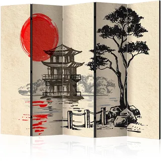 murando - Paravent Raumteiler japanische Landschaft, 225x172 cm, 5-teilig | Mobiler Sichtschutz, sofort einsatzbereit, Holzrahmen, ideal fürs Wohnzimmer oder Büro, geruchsneutral, lichtbeständig