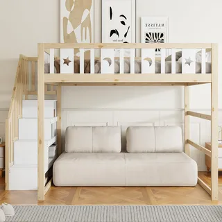ModernLuxe Hochbett 140x200 cm Massivholz mit Treppe & Stauraum, Kinderbett mit Sicherheitsgeländer, integrierten Regalen,Weiß+Holzfarbe, Etagenbett Jugendbett