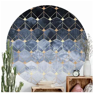 Bilderdepot24 Mustertapete rund Blaue Geometrie goldenes Art Deco, Glatt, Matt, (Vliestapete selbstklebend), Wohnzimmer Schlafzimmer Küche gemusterte Wandtattoo Klebe Wandtapete goldfarben 150 m x 150 m