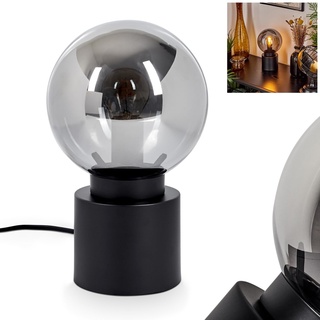 Tischleuchte Flawil, moderne Nachttischlampe aus Metall/Glas in Schwarz/Rauchfarben, runde Tischlampe mit Schirm aus Glas, Ø 15 cm, Höhe 24,5 cm, m. An-/Ausschalter am Kabel, 1x E14, ohne Leuchtmittel
