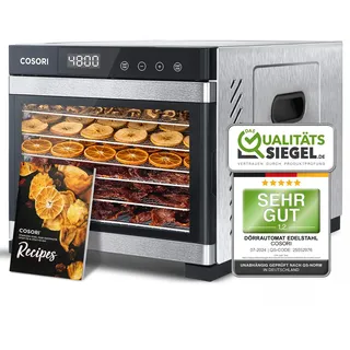Cosori Dörrautomat edelstahl, Food Dehydrator, 650W, 48 Std. Zeitschaltuhr | 6 Edelstahl-Dörrtabletts, 3 Dörrgitter, 3 Matten, 0,6 m2, 48h Timer, 35–75 °C, 50 Rezepte, <48 dB, für Beef Jerky
