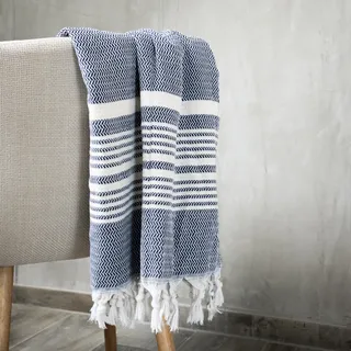 na ́oza Strandtuch aus 80% Baumwolle – Großes Badetuch 180x100 cm mit Fransen Weich & Saugfähig, Boho Hamamtuch Motiv blau gestreift, Reise- & Saunatuch – Peshtemal