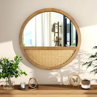 SHYFOY Runder Wandspiegel, 60 x 60 cm, Rattan-Holzrahmen, Boho-Stil, für Wohnzimmer und Badezimmer