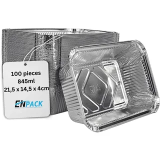 Enpack Aluschale R1-845L - 100 Stück Aluschalen Grill 215x147x40mm - Wärmebehälter 845ml - Fettauffangschale als Grill Zubehör, Food Container, kleine Auflaufform - feuerfeste Alu Grillschale