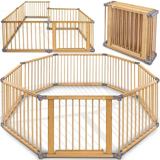 KIDUKU® 7,2 Meter Baby Laufgitter XXL klappbar inkl. Tür & Doppelsicherung | Sicherer & stabiler Laufstall | Absperrgitter für Kinder inkl. 8 Elementen | Holz Krabbelgitter faltbar individuell formbar