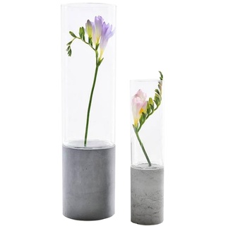 GODELMANN Vasen Set aus hochwertigem Beton - handgefertigt Ø10x38cm + Ø 6x25cm in Grau I Blumenvase mit passgenauem Glas - mineralimprägniert - Made in Germany