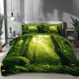 DLERFLOVR Bettwäsche 200x200cm Bettwäsche-Sets Tief im Wald Bettbezug 3teilig mit Kissenbezüge, Wendebettwäsche Bedding Tropische Pflanzen mit Reißverschluss