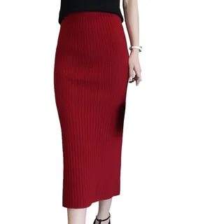 Cheerlife Damen Rock Stretch Einfarbig Bleistiftrock Strickrock Bodycon Röcke Herbst Winter Enge Röcke Lang (XXL-Taillenumfang 84-120CM, Weinrot) - XXL
