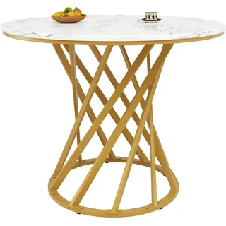 MODFU Esstisch rund 80x80x76 cm Weiß+Gold marmorierte MDF Tischplatte mit Metallbeinen verstellbaren Fußgleitern pflegeleicht für Küche Esszimmer