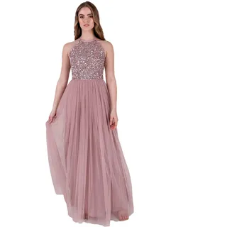 Maya Deluxe Damen Abendkleid Pailletten Cocktailkleid Tüllkleid Kleid Nackenband Elegant Für Hochzeit Brautjungfernkleid Bridesmaid Dress, Frosted Pink, 40 EU