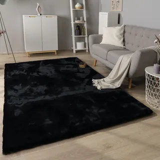 Paco Home Hochflor Teppich Wohnzimmer Schlafzimmer Modern Flauschiger Fellteppich Fell Imitat Kunstfell Langflor, Flauschig Schwarz, 120x160 cm,
