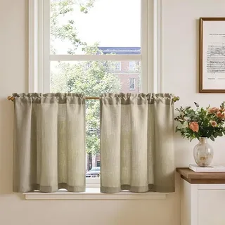Transparente Vorhänge - Bistrovorhänge - Set mit 2 Stück - Taubengrau - Leinenoptik - Fensterdeko - Vorhang - Tüll - Schals - Lichtdurchlässig... - Taupe