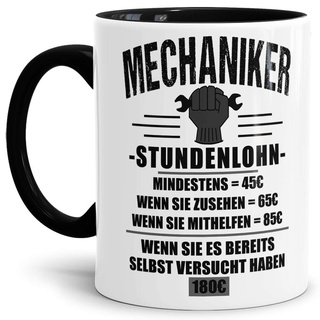KFZ Mechaniker-Tasse "Mechaniker Stundenlohn" Beruf/Auto/Lustig/Spruch/Geschenk-Idee/Arbeit/Innen & Henkel Schwarz