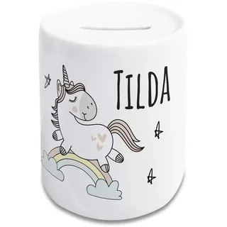 GRAZDesign Einhorn Spardose Kinder mit Name Mädchen, Geschenk personalisiert Taufe, Geburtstag Sparschwein aus Keramik weiß - Einhorn & Regenbogen