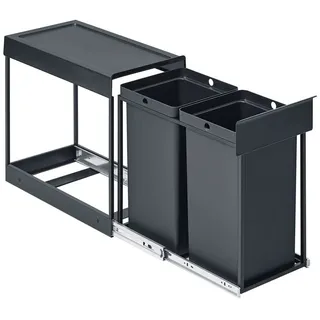 SONGMICS Mülleimer Mülltrennsystem für Unterschrank, Mülleimer küche, Abfalleimer 2 Fächer, ausziehbar, Stahlrahmen, 2X15L / 2X20L grau 30 l