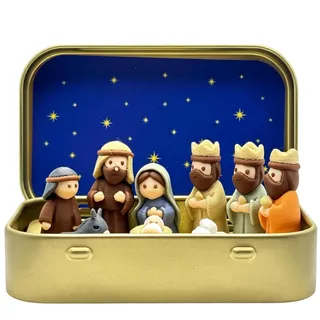 Mini Krippe Weihnachten, Weihnachtskrippe Figuren, Christliche Geschenke | Nativity Scene Set Krippen Blechdose Weihnachtsdeko